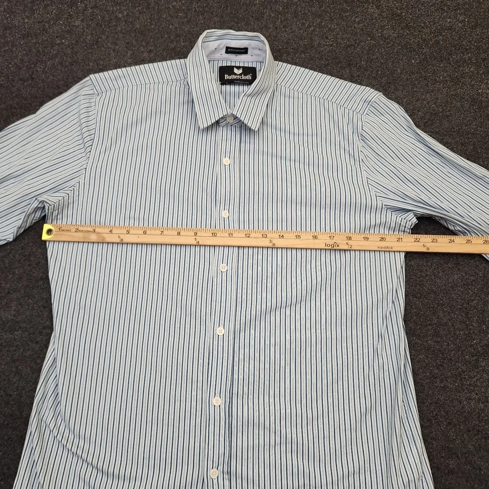 Buttercloth Mens Large Blue White Striped Icy Cotton Regular Fit Button Up Shirt